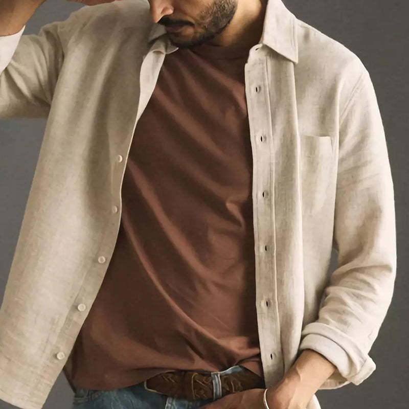 Men's Casual Apricot Cotton And Linen Long-sleeved Shirt