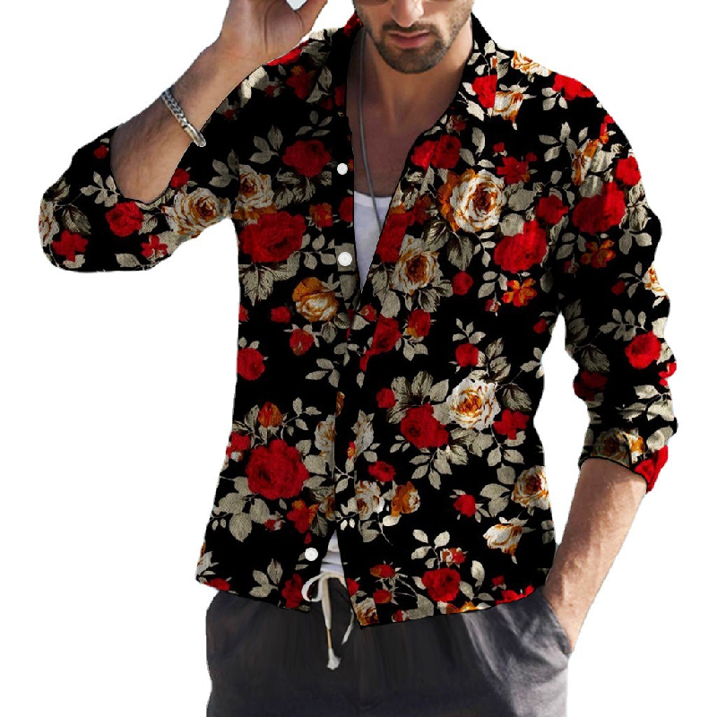 Men's Vintage Floral Print Lapel Long Sleeve Shirt