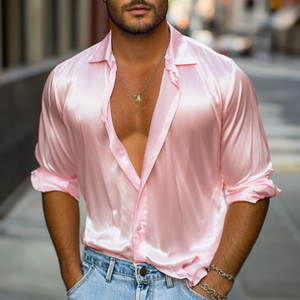 Men's Spring Fashion Casual Satin Glossy Long Sleeve Shirt