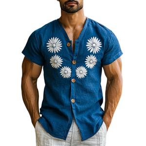 Camisa informal de algodón y lino para hombre, de manga corta, ajustada, con cuello en V y botonadura sencilla