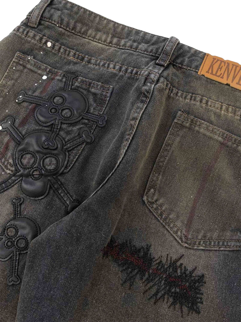 Leather Skull Splash Ink Micro-flared Jeans