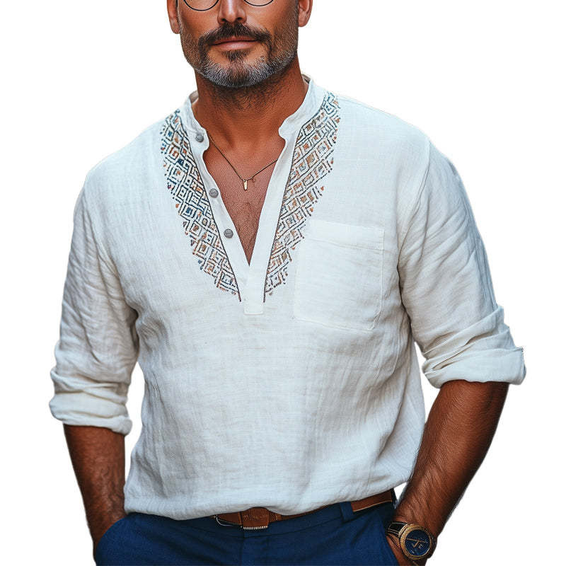 Herren-T-Shirt aus Baumwolle und Leinen mit tiefem V-Ausschnitt und Vintage-Stickerei