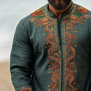 Chaqueta estilo camisa de manga larga sin cuello, bordada, informal, retro, para hombre