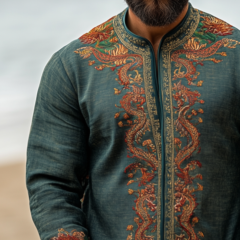 Men's Retro Casual Embroidered Collarless Long Sleeve Shirt Jacket MTA3157C0TO