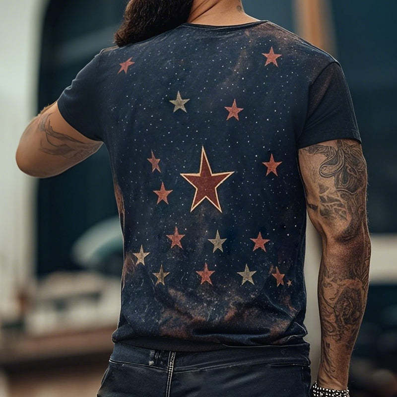 Camiseta de manga corta con cuello redondo y estampado retro informal de universo estelar para hombre