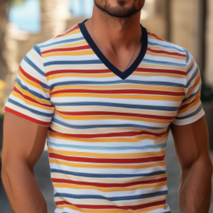 Camiseta clásica informal de algodón con rayas contrastantes y patchwork para hombre, corte entallado
