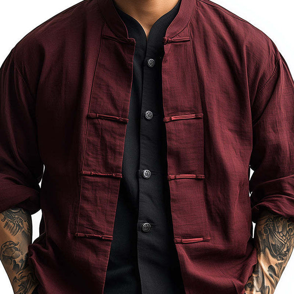 Men's Burgundy Chinese Button Long Sleeve Shirt