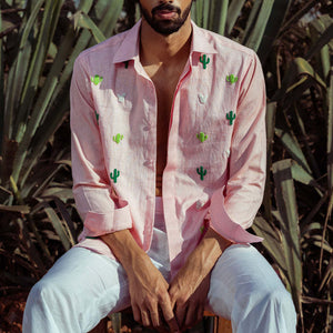 Camisa de manga larga con bordado de cactus divertido para hombre 