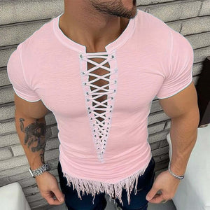 Camiseta de manga corta con borlas y cordones de moda de verano para hombre