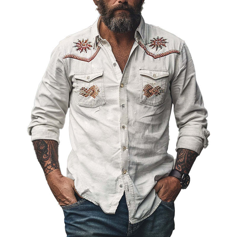 Camisa de manga larga bordada de algodón vintage para hombre 