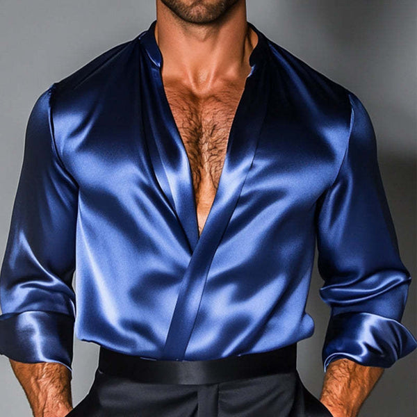 Men's Loose Shiny Stand Collar Long Sleeve Shirt