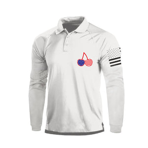 POLO DE MANGA LARGA RAGLÁN CON BOTONES DE 1/4 Y BANDERA DE EE. UU. DE CHERRY
