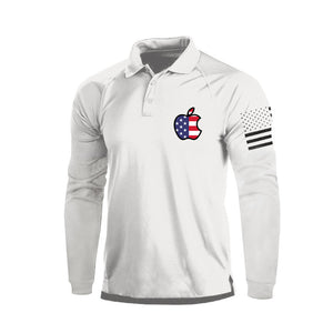 POLO DE MANGA LARGA RAGLÁN CON BOTÓN 1/4 Y ESTAMPADO DE MANZANA Y BANDERA DE EE. UU.