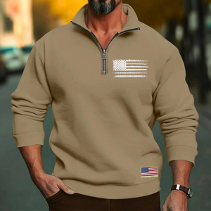 SUDADERA CASUAL CON CUELLO DEPORTIVO Y CREMALLERA SUELTA PARA HOMBRE CON BANDERA DE EE. UU.