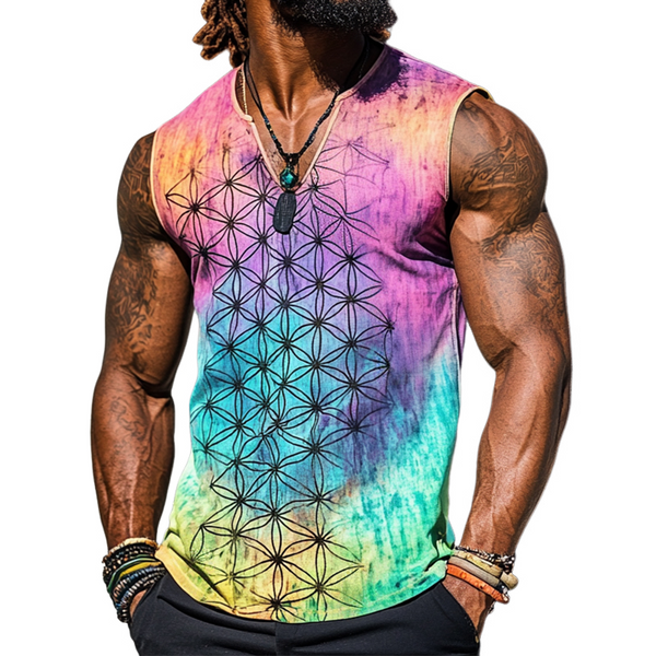 Herren-Tanktop mit V-Ausschnitt und Blumen-des-Lebens-Print im Vintage-Stil