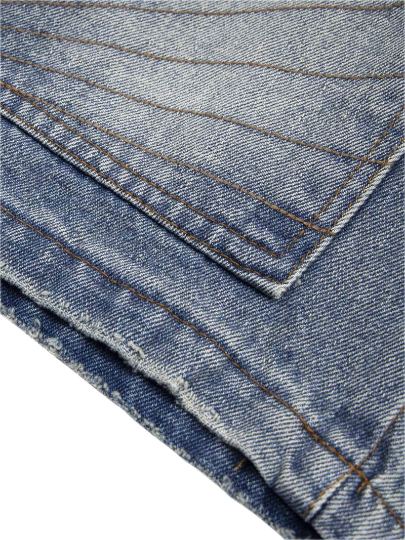 Washed Distressed Topstitch Denim Jorts