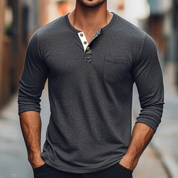 Camiseta de manga larga con cuello redondo y botones de color liso para hombre