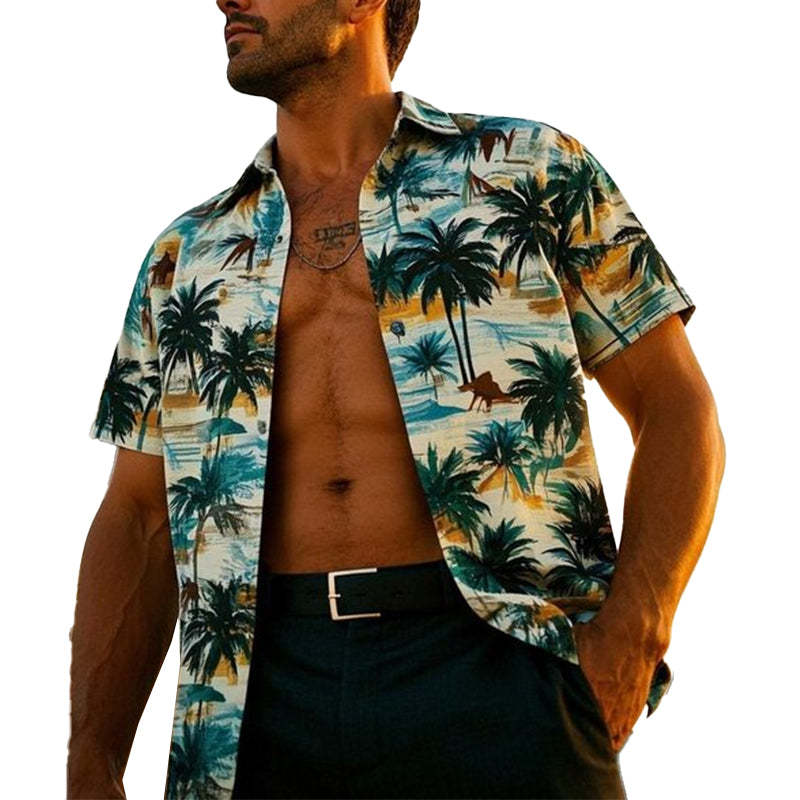 Men's Palm Tree Print V-Neck Short Sleeve Shirt
