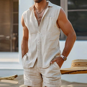 Conjunto de camisa informal de lino con solapa, sin mangas y pantalones cortos holgados con cintura elástica para hombre