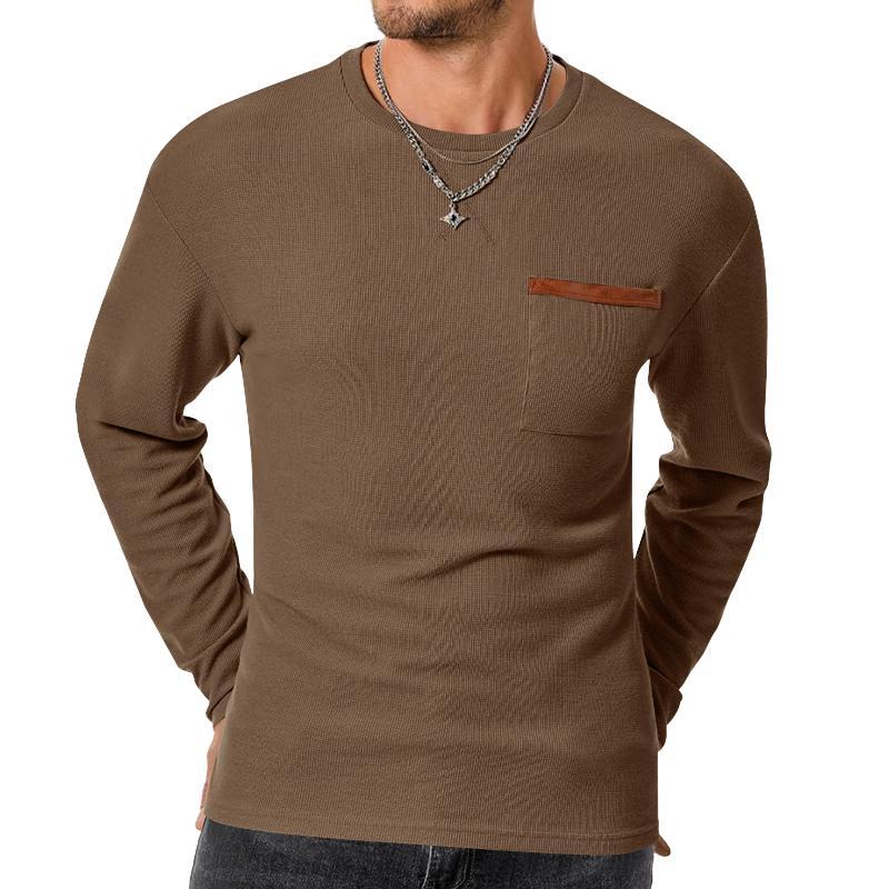 Men's Casual Waffle Round Neck Patch Pocket Slim Fit Long Sleeve T-Shirt