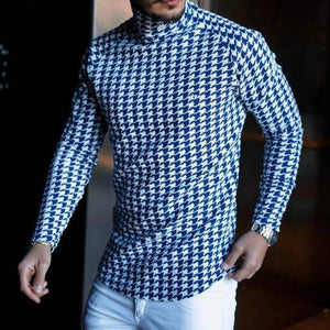 Camiseta de manga larga con cuello alto y estampado retro informal de pata de gallo para hombre