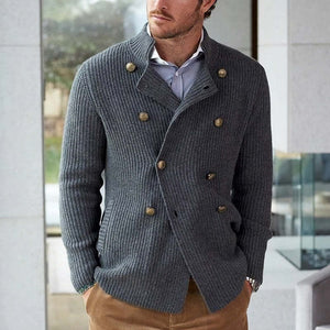 Men's Spring And Autumn Dark Gray Double-Breasted Casual Knitted Cardigan