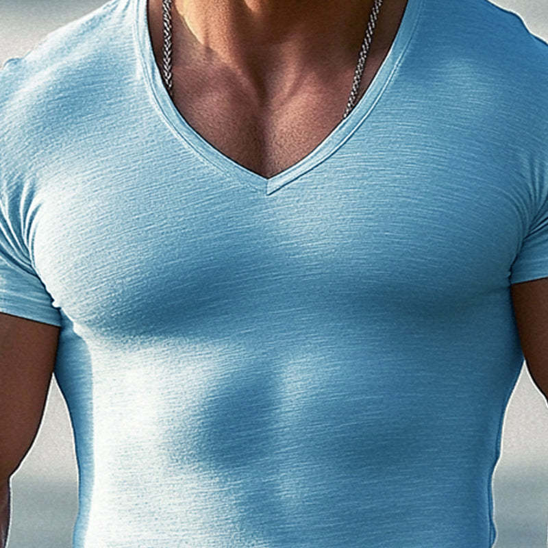 Camiseta de manga corta con cuello en V y color liso para hombre