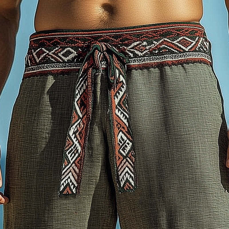 Men's Summer Cotton And Linen Embroidered Tassel Shorts