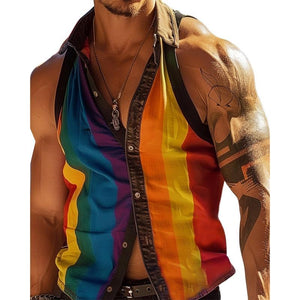 Men's Rainbow Striped Patchwork Lapel Sleeveless Slim Fit Shirt