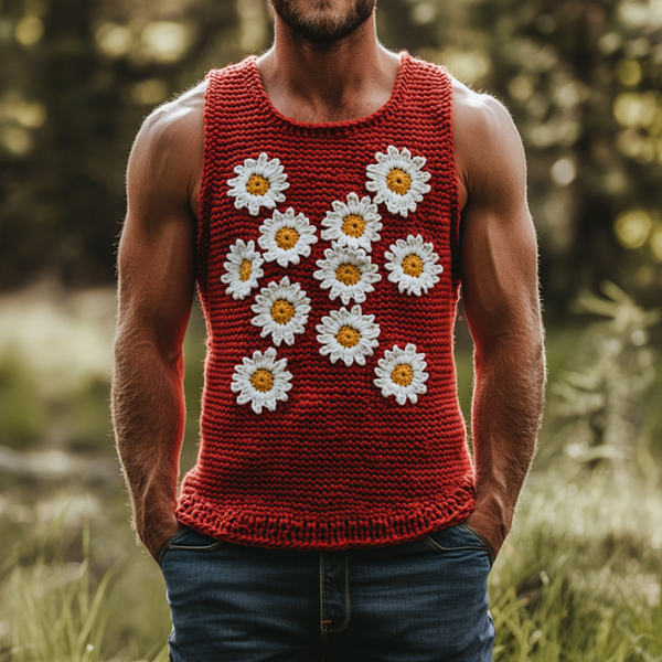 Camiseta de tirantes de punto ajustada con bordado de margaritas y cuello redondo informal para hombre