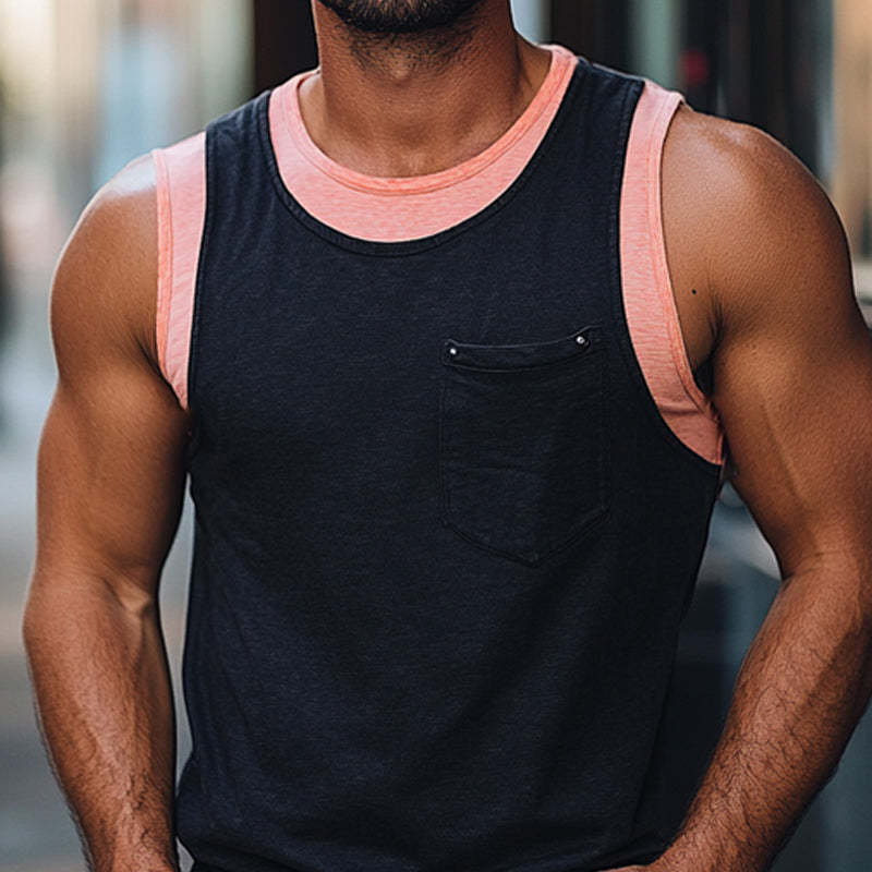 Camiseta sin mangas de algodón agradable para la piel con costuras de color en contraste para hombre