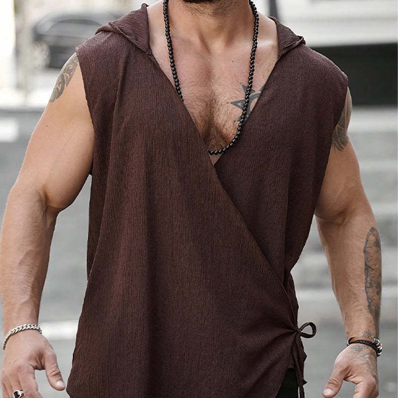 Men's Brown Textured Cross Tie Hooded Tank Top