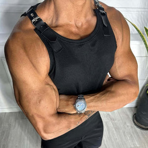 Camiseta sin mangas informal de cuero con parches para hombre