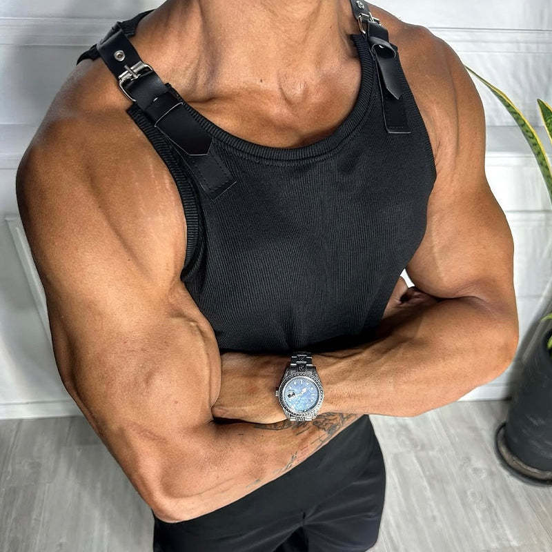 Men's Patchwork Leather Casual Tank Top