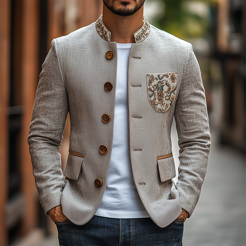 Men's Classic Retro Stand Collar Thin Cotton And Linen Embroidered Slim Jacket