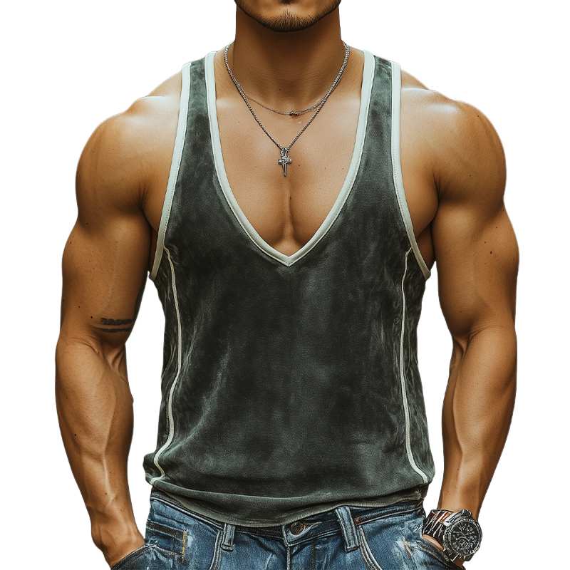 Camiseta sin mangas de gamuza con cuello en V profundo y costuras para hombre, estilo informal y de moda de verano