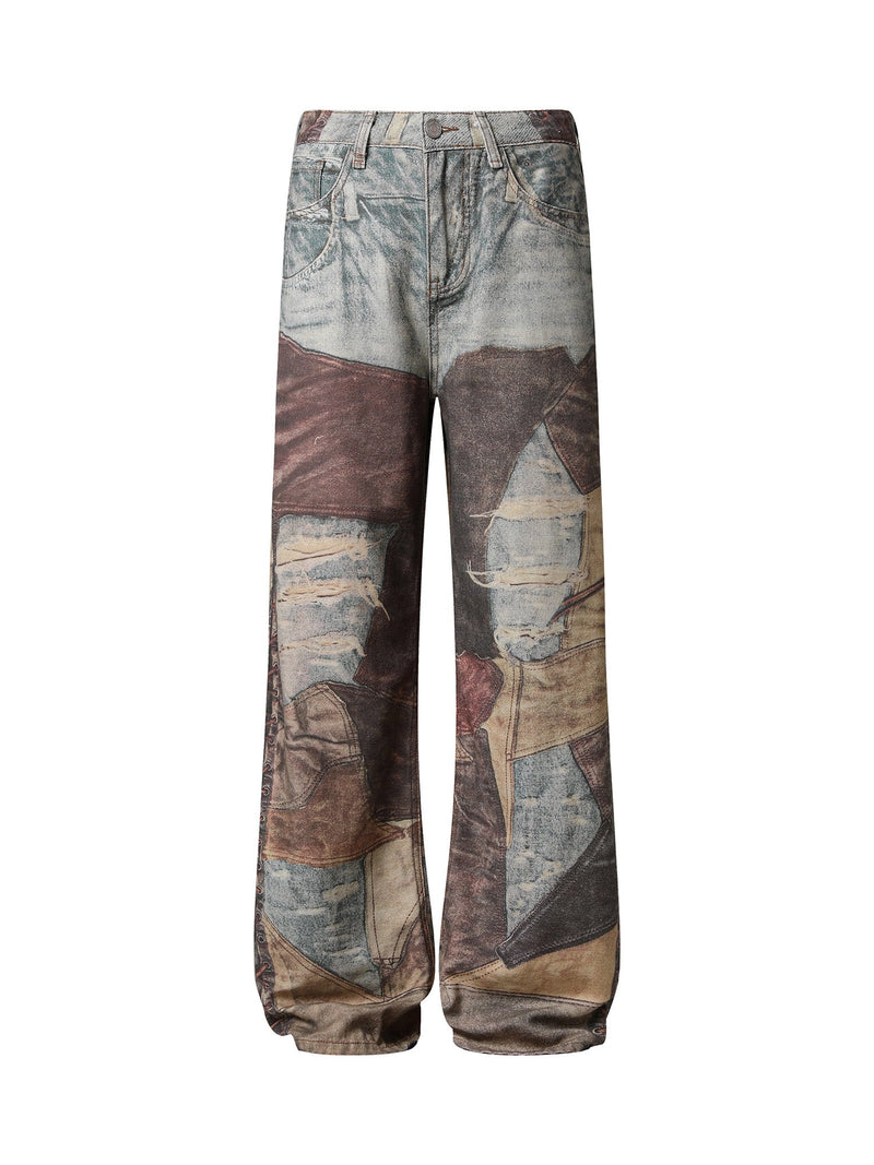 High Street Distressed Washed Printed Jeans