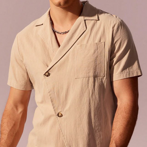 Men's Spring Fashion Casual Slant Pracket Slim Fit Linen Short Sleeve Shirt