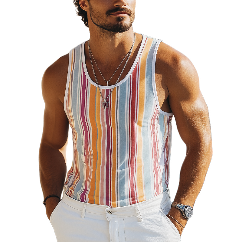Camiseta sin mangas con estampado de rayas verticales en contraste informal de moda de verano para hombre
