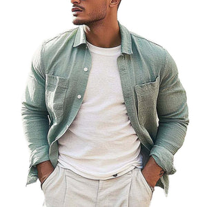 Camisa informal de manga larga con solapa de color liso para hombre