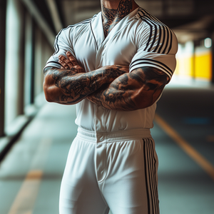 Men's Retro Casual Striped Printed Collarless Short Sleeve Jumpsuit