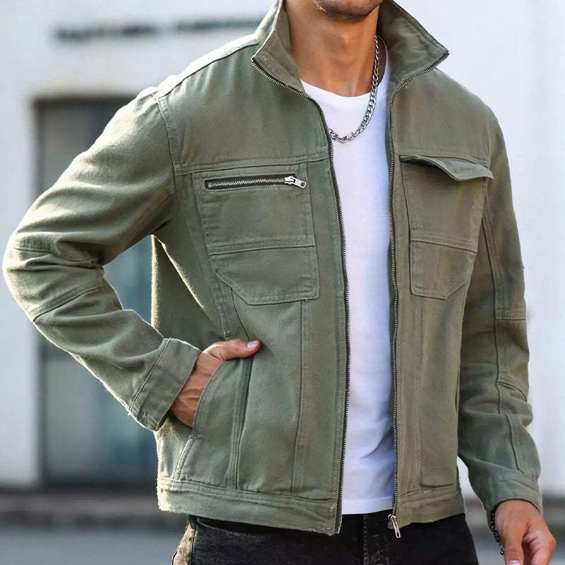 Chaqueta vaquera vintage verde con cremallera para hombre