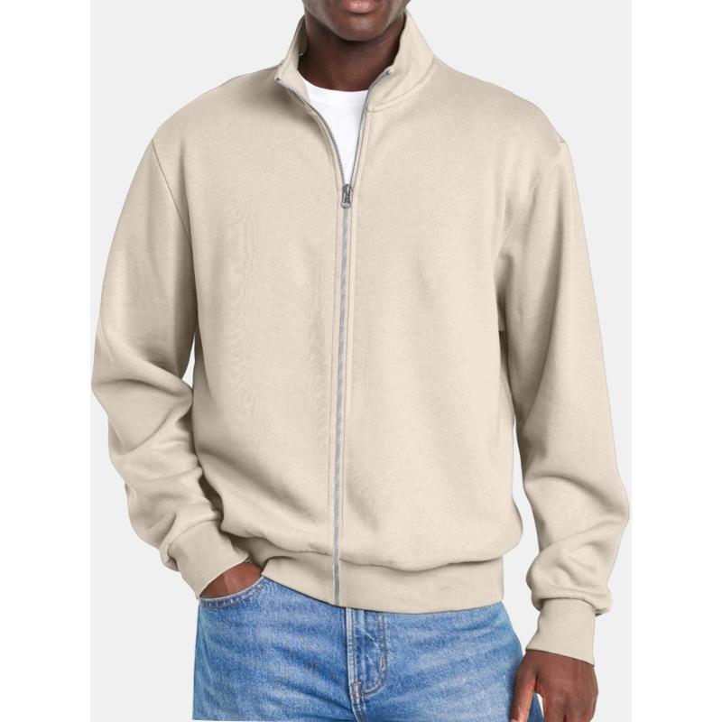 Men's Solid Color Zipper Stand Collar Long Sleeve Sweatshirt Jacket