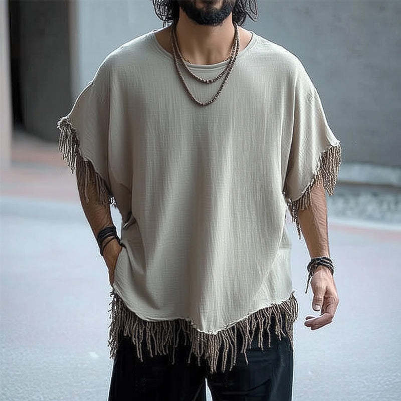 Men's Summer Ice Silk Wrinkled Tassel Loose Casual T-shirt