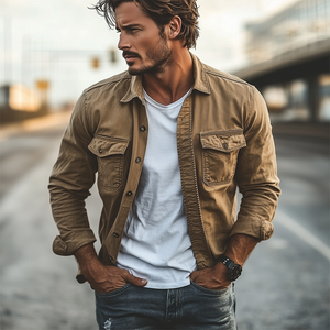 Men's Classic Casual Vintage Washed Workwear Long Sleeve Shirt