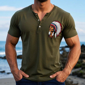 Camiseta informal de manga corta con cuello henley y estampado para hombre