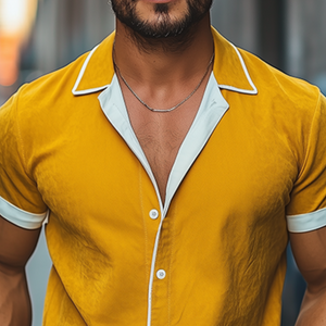 Men's Spring And Summer Fashion Slim Contrast Color Lapel Tencel Cotton Short Sleeve Shirt