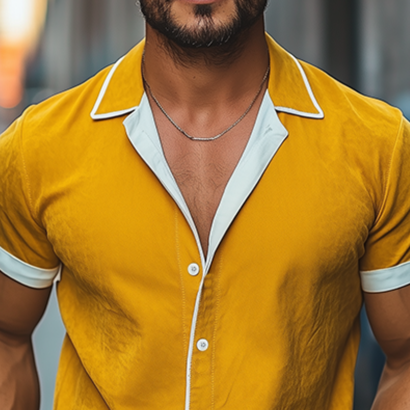Men's Spring And Summer Fashion Slim Contrast Color Lapel Tencel Cotton Short Sleeve Shirt