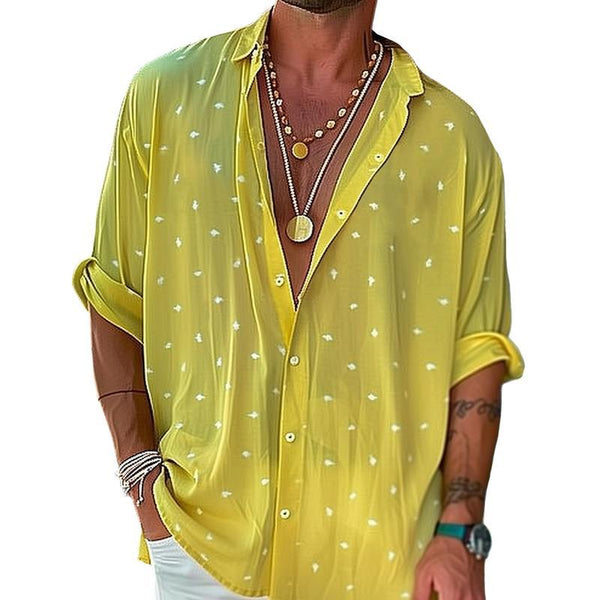 Camisa informal de manga larga con solapa de gasa y estampado de lunares para hombre