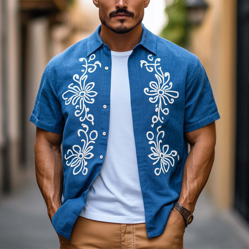 Men's Casual Cotton Vintage Embroidered Short Sleeve Shirt